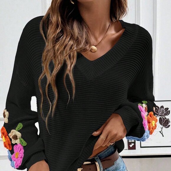 Black Casual Women's V-Neck Crochet Lantern Sleeve Pullover Sweater - Picture 4 of 7